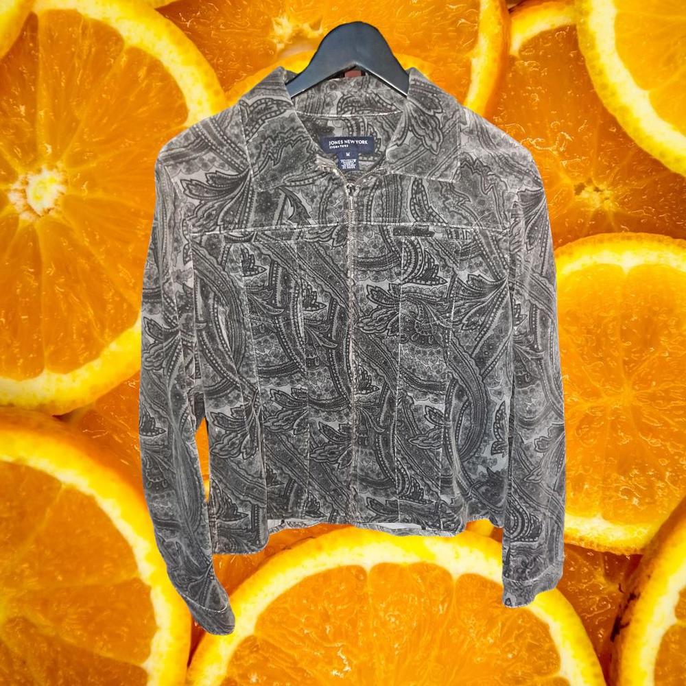 Jone New York Gray and White Velvet Full Zip Jacket Size Medium